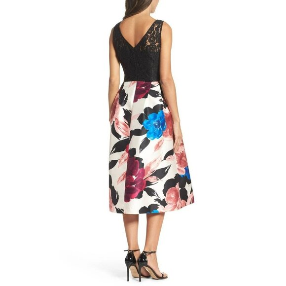 Ellen Tracy Arcadia Print Black Lace Pink Blue Floral Fit and Flare Midi Dress - Picture 12 of 13